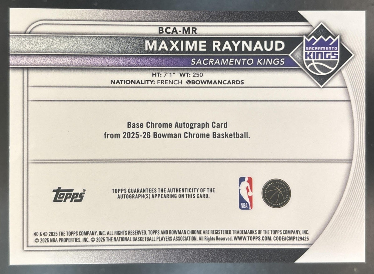 2025-26 Bowman Maxime Raynaud Chrome Auto Yellow /75 #BCA-MR RC Sacramento Kings