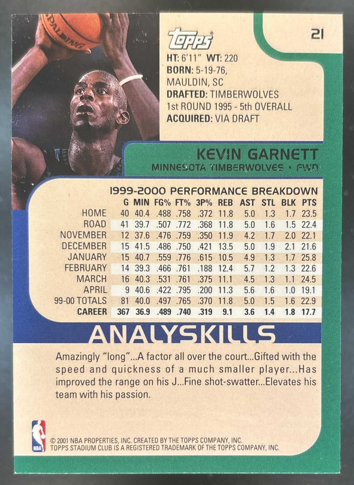 2000-01 Topps Stadium Club Kevin Garnett #21 Minnesota Timberwolves