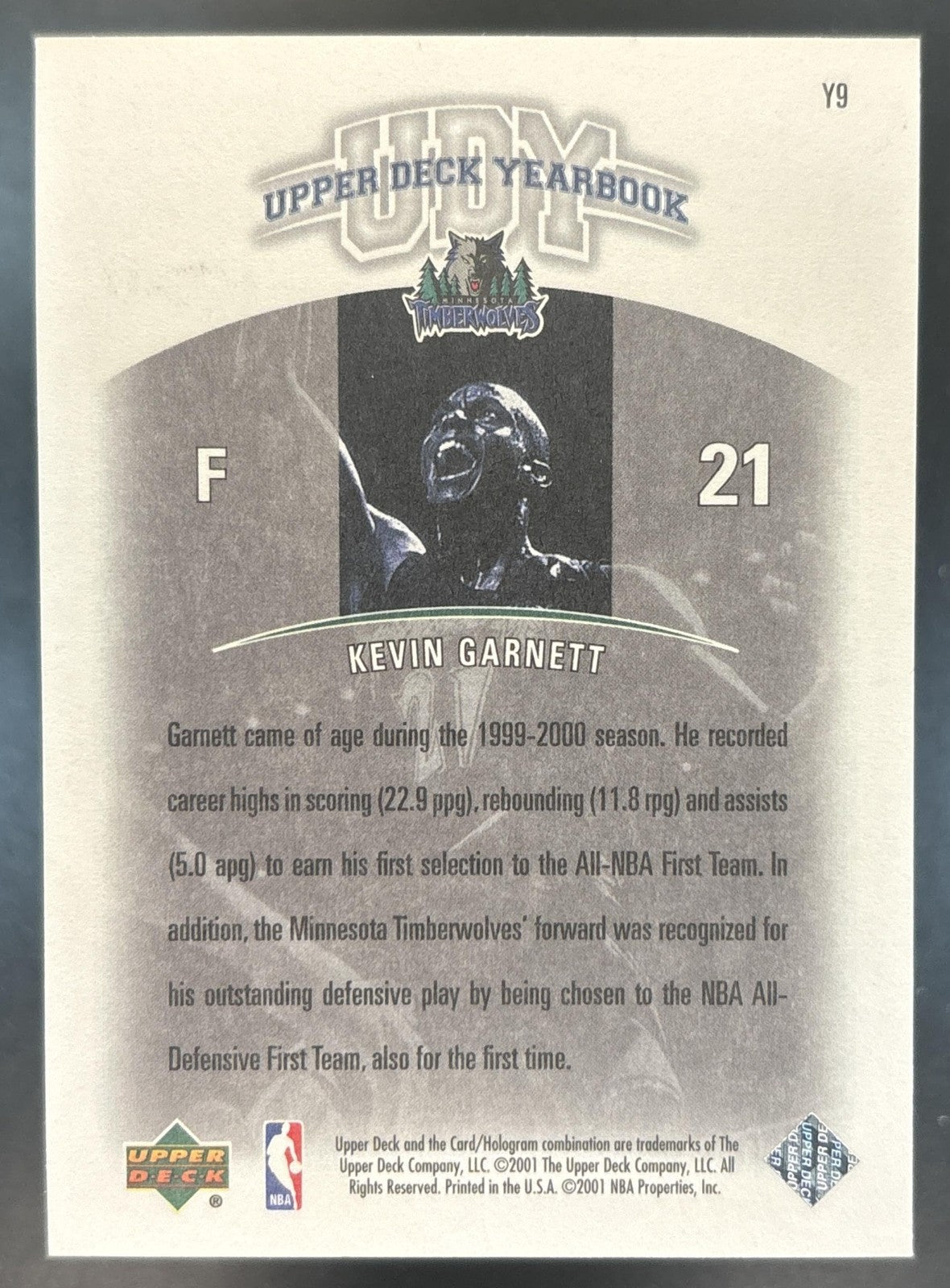 2000-01 Upper Deck Legends Kevin Garnett Yearbook UDY #Y9 Minnesota Timberwolves
