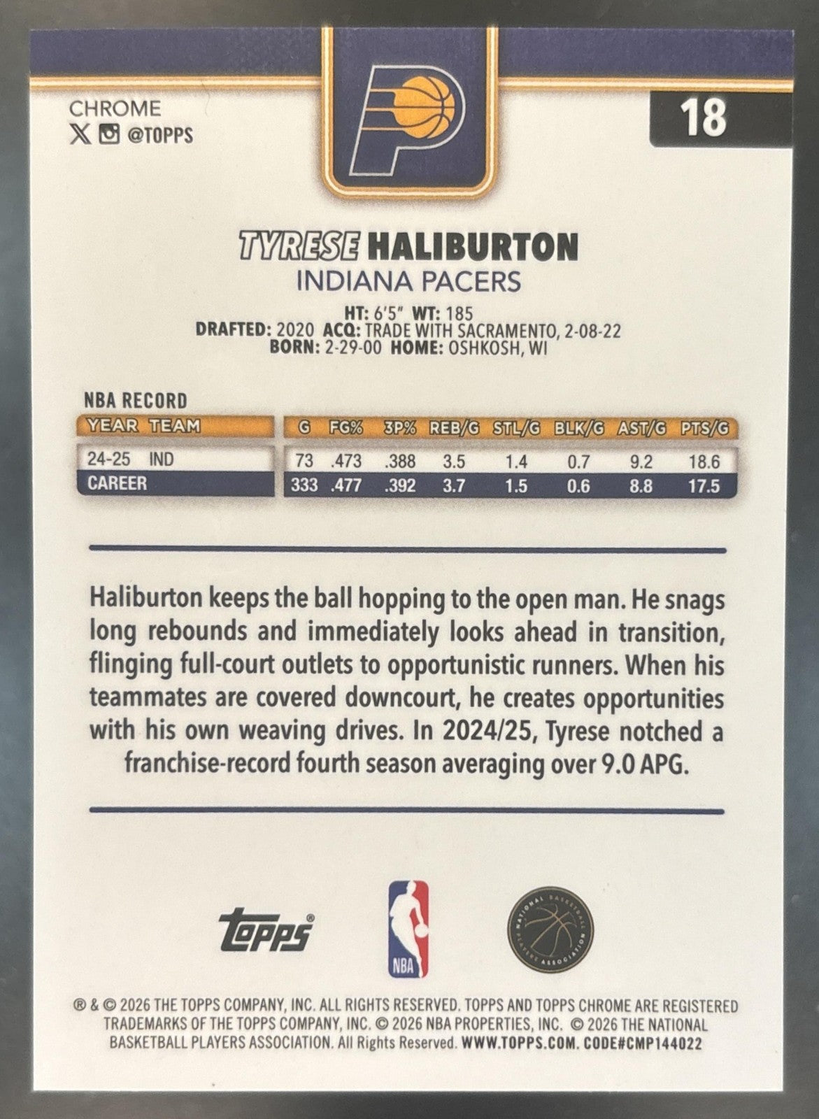 2025-26 Topps Chrome Update Tyrese Haliburton Gold Ray Wave /50 #18 Pacers