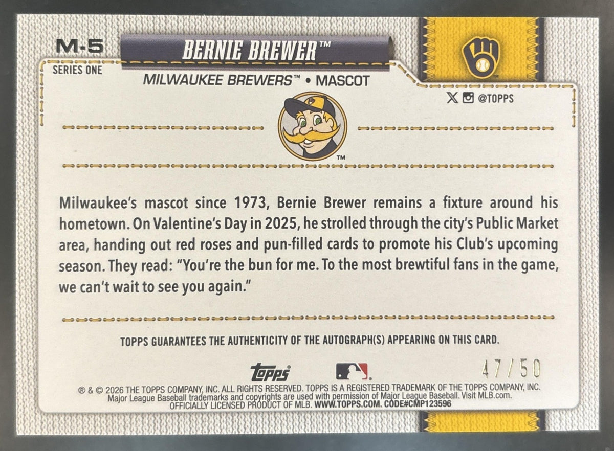 2026 Topps Series 1 Bernie Brewer Mascots Auto Gold /50 #M-5 Milwaukee Brewers