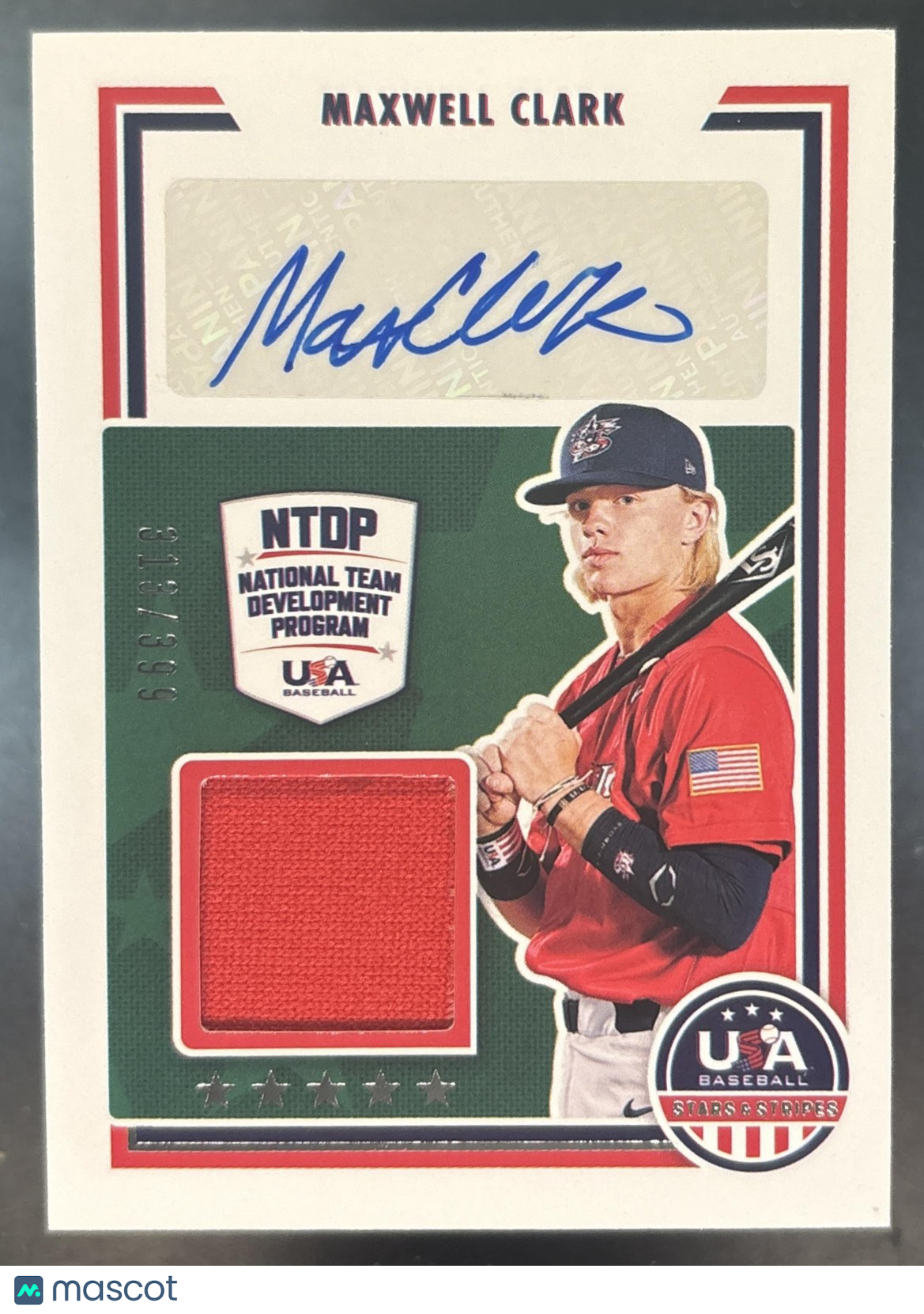 2022 Panini USA Baseball Stars & Stripes Maxwell Clark Patch Auto /399 MEM