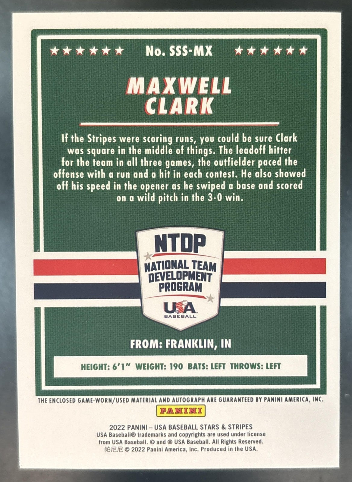 2022 Panini USA Baseball Stars & Stripes Maxwell Clark Patch Auto /399 MEM