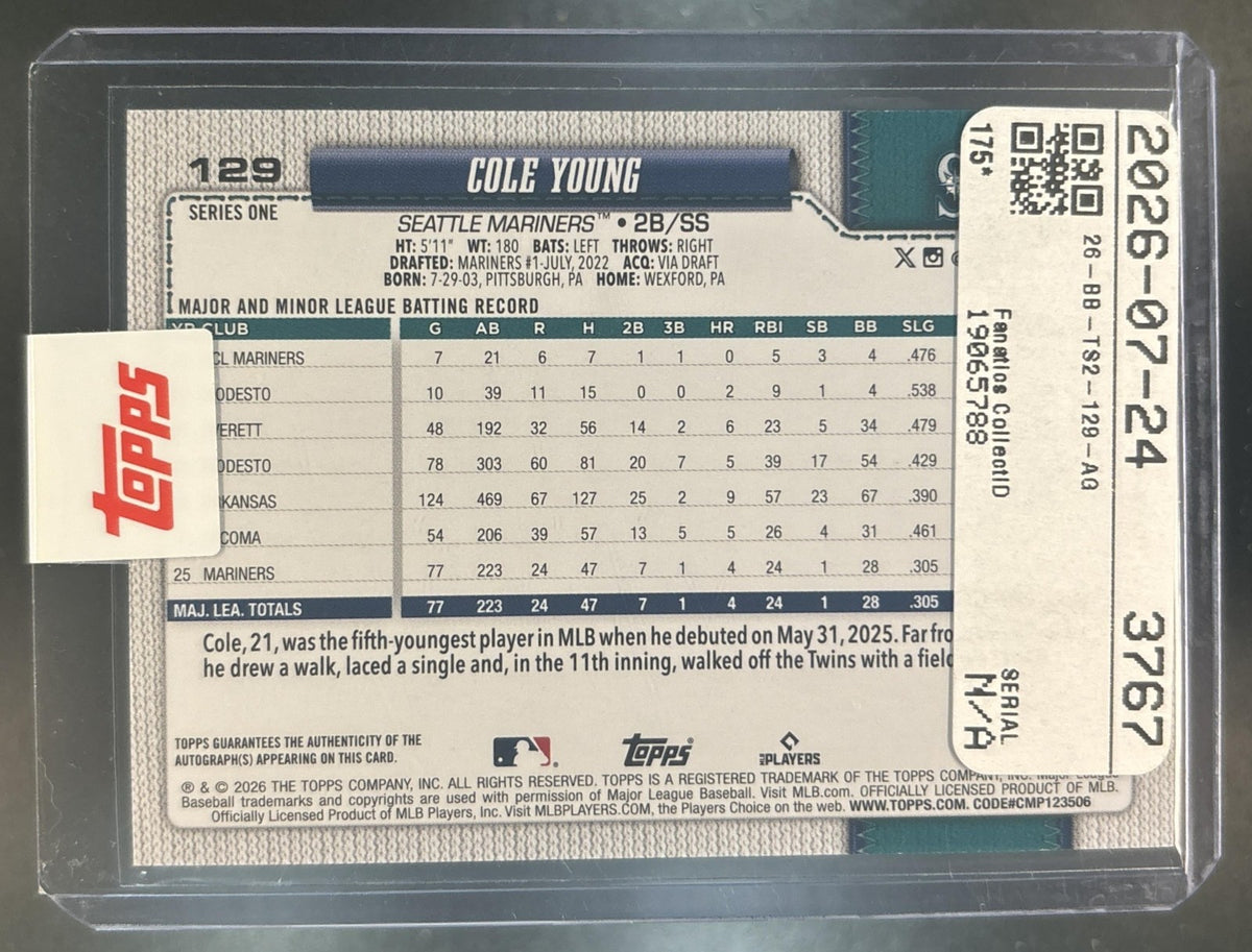 2026 Topps Series 2 Cole Young Real One Auto #129 RC Seattle Mariners