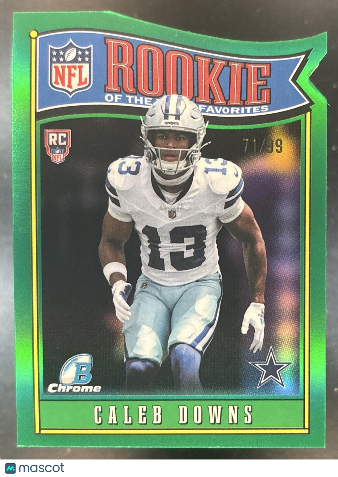 2026 Bowman Caleb Downs Chrome ROY Favorites Green /99 #ROY-20 RC Dallas Cowboys