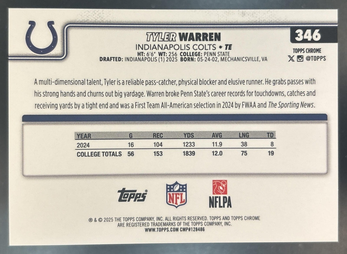2025 Topps Chrome Sapphire Tyler Warren Rookie Image Variation #346 SP RC VAR