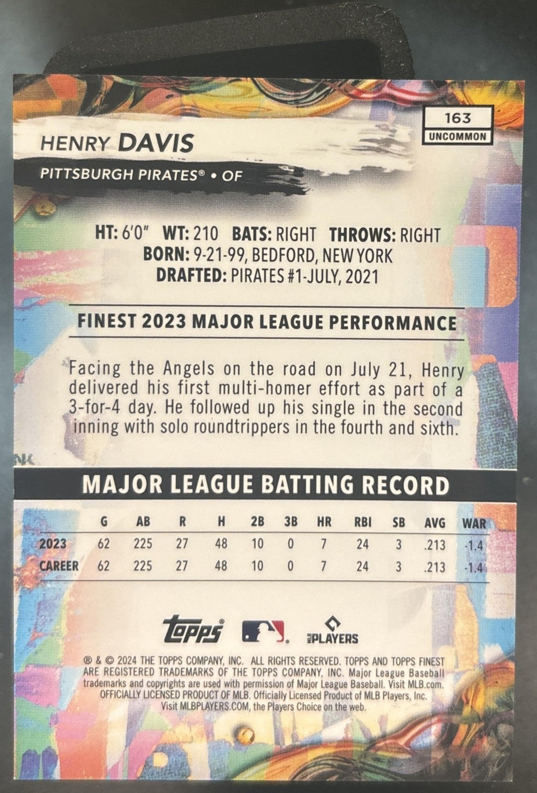 2024 Topps Finest Henry Davis Green Refractor /35 #163 RC Pittsburgh Pirates