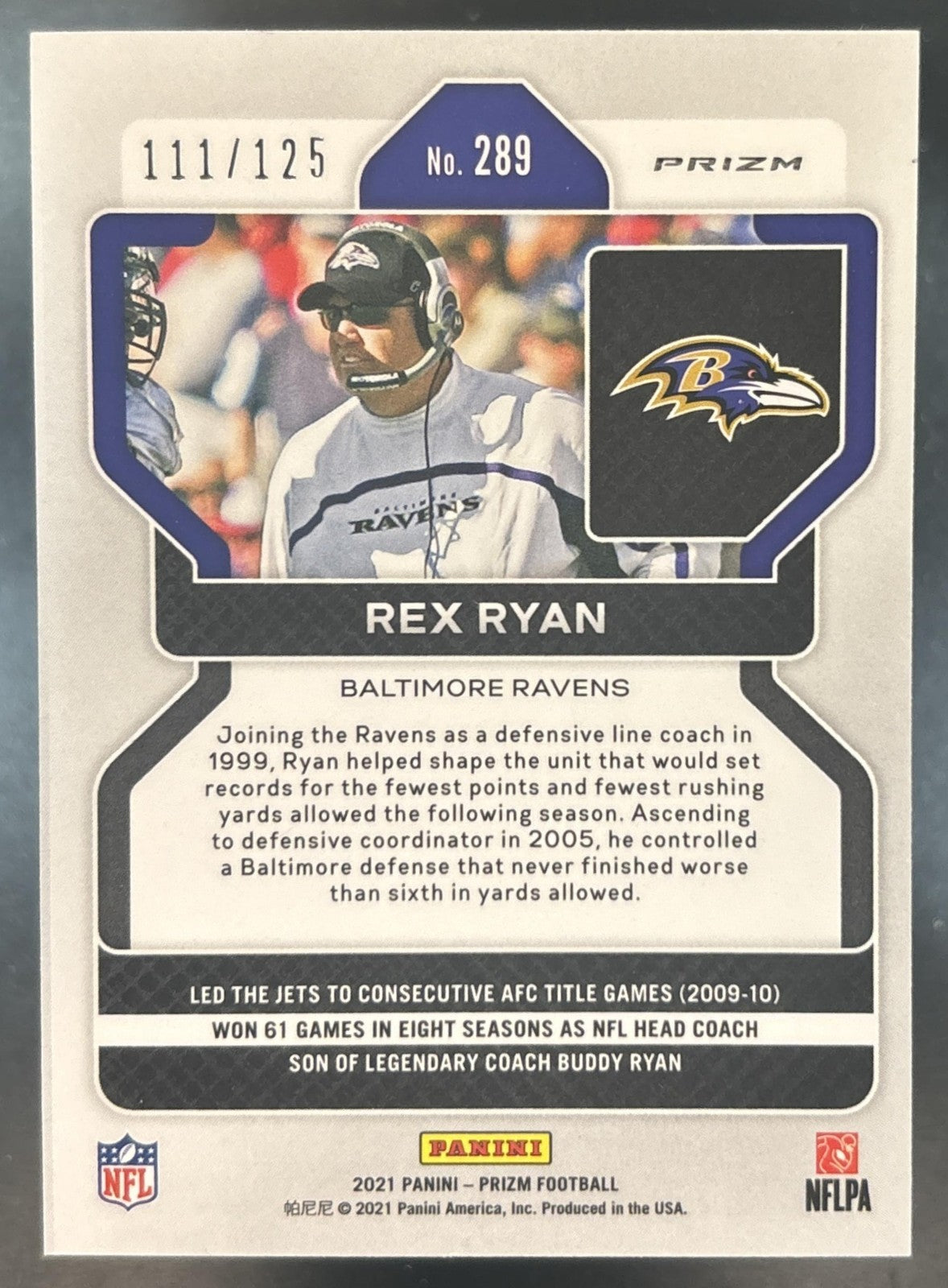 2021 Panini Prizm Rex Ryan Purple /125 #289 Baltimore Ravens