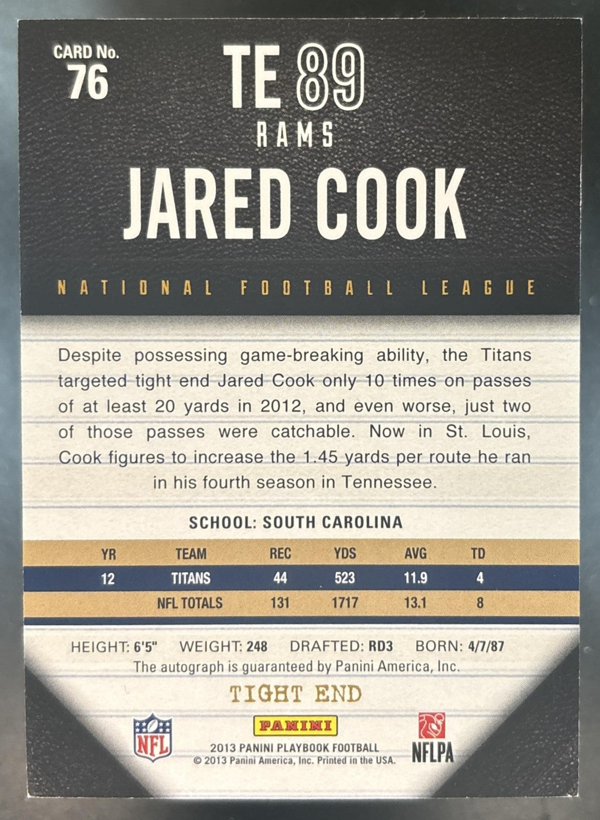 2013 Panini Playbook Jared Cook Blue 1/25 #76 Auto St. Louis Rams