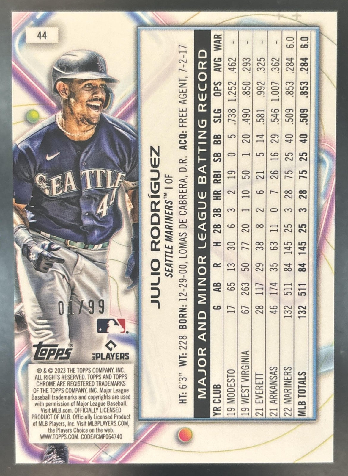 2023 Topps Cosmic Chrome Julio Rodriguez Blue Moon 1/99 #44 Seattle Mariners