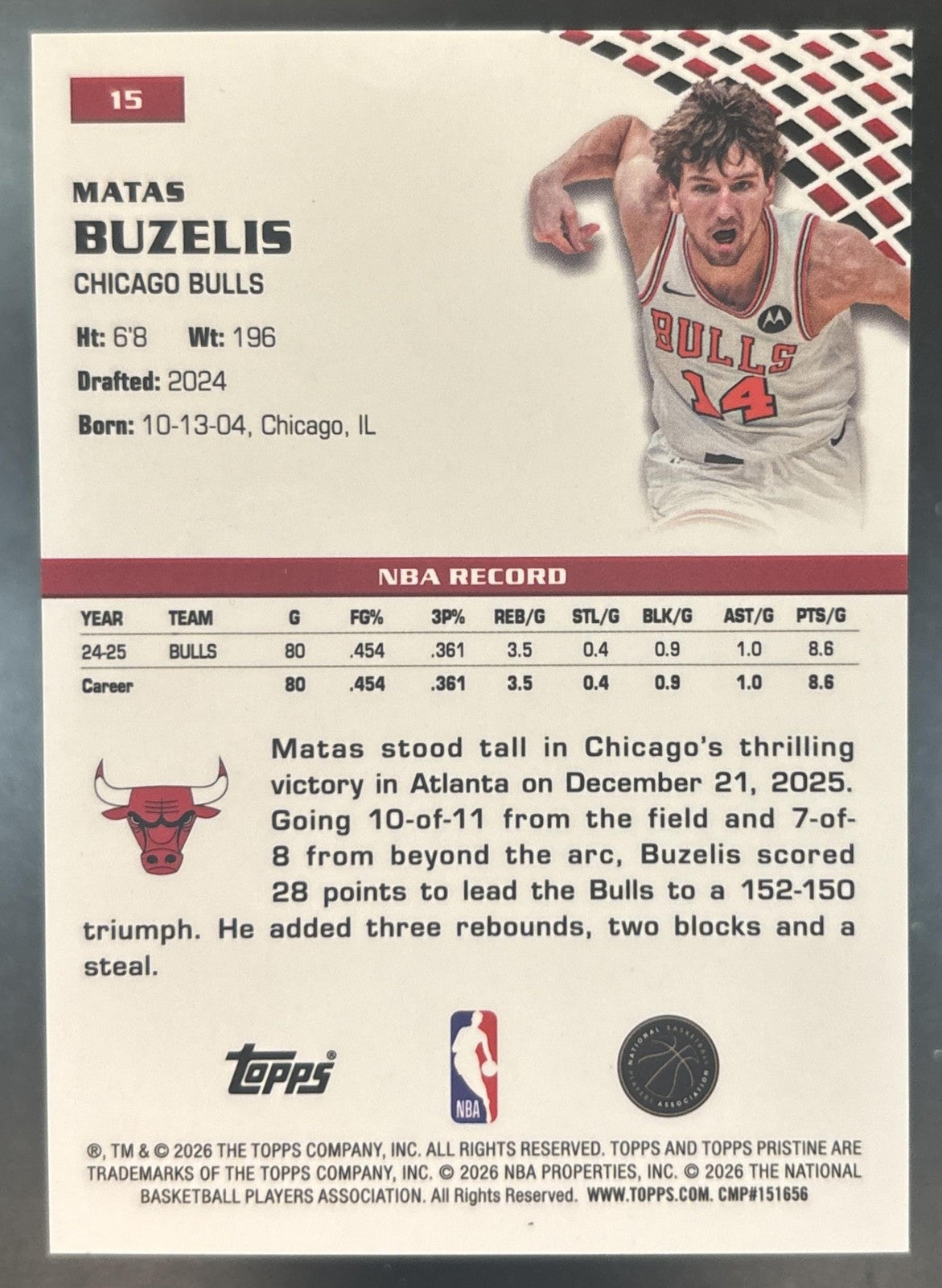 2025-26 Topps Pristine Matas Buzelis Pink Refractor /15 #15 Chicago Bulls