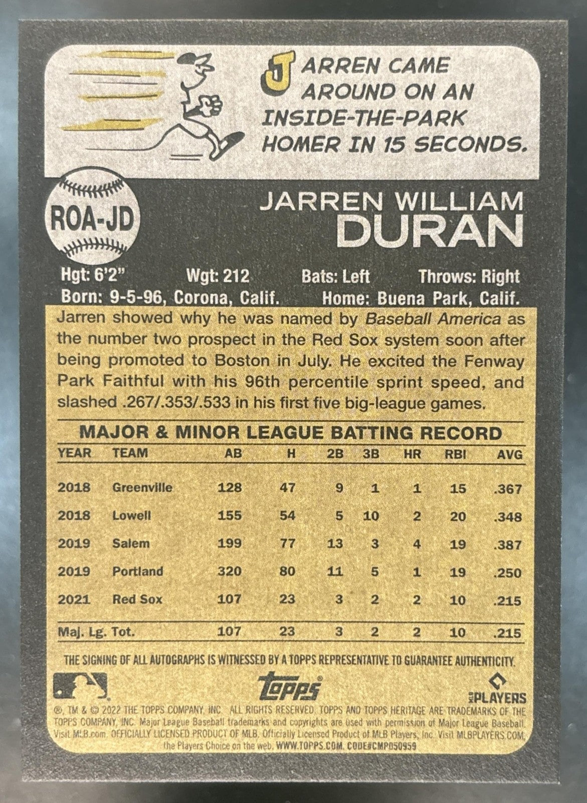 2022 Topps Heritage Jarren Duran Real One Auto #ROA-JD RC Boston Red Sox