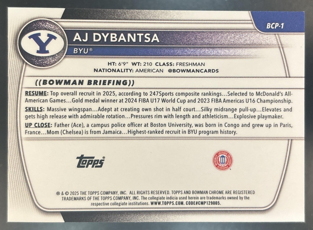 2025 Bowman Sapphire AJ Dybantsa Chrome #BCP-1 1st Prospect BYU Cougars