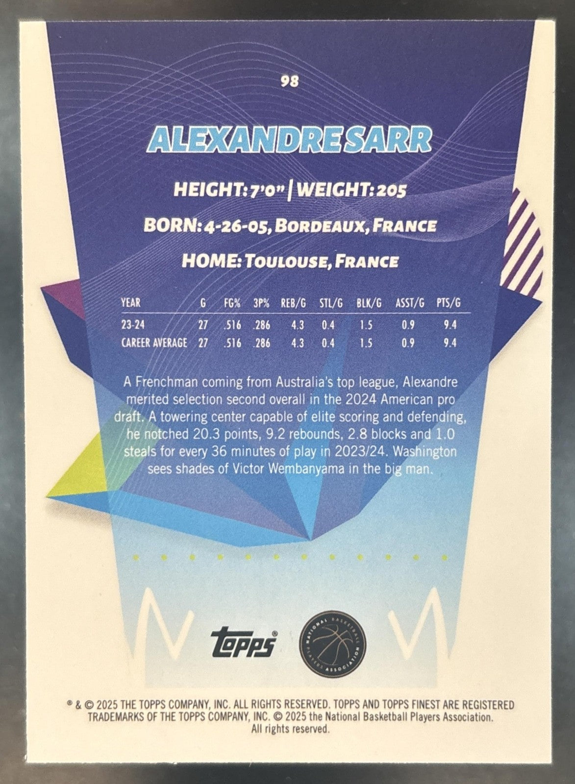 2024-25 Topps Finest Alexandre Sarr Common Blue Geometric /75 #98 RC Wizards
