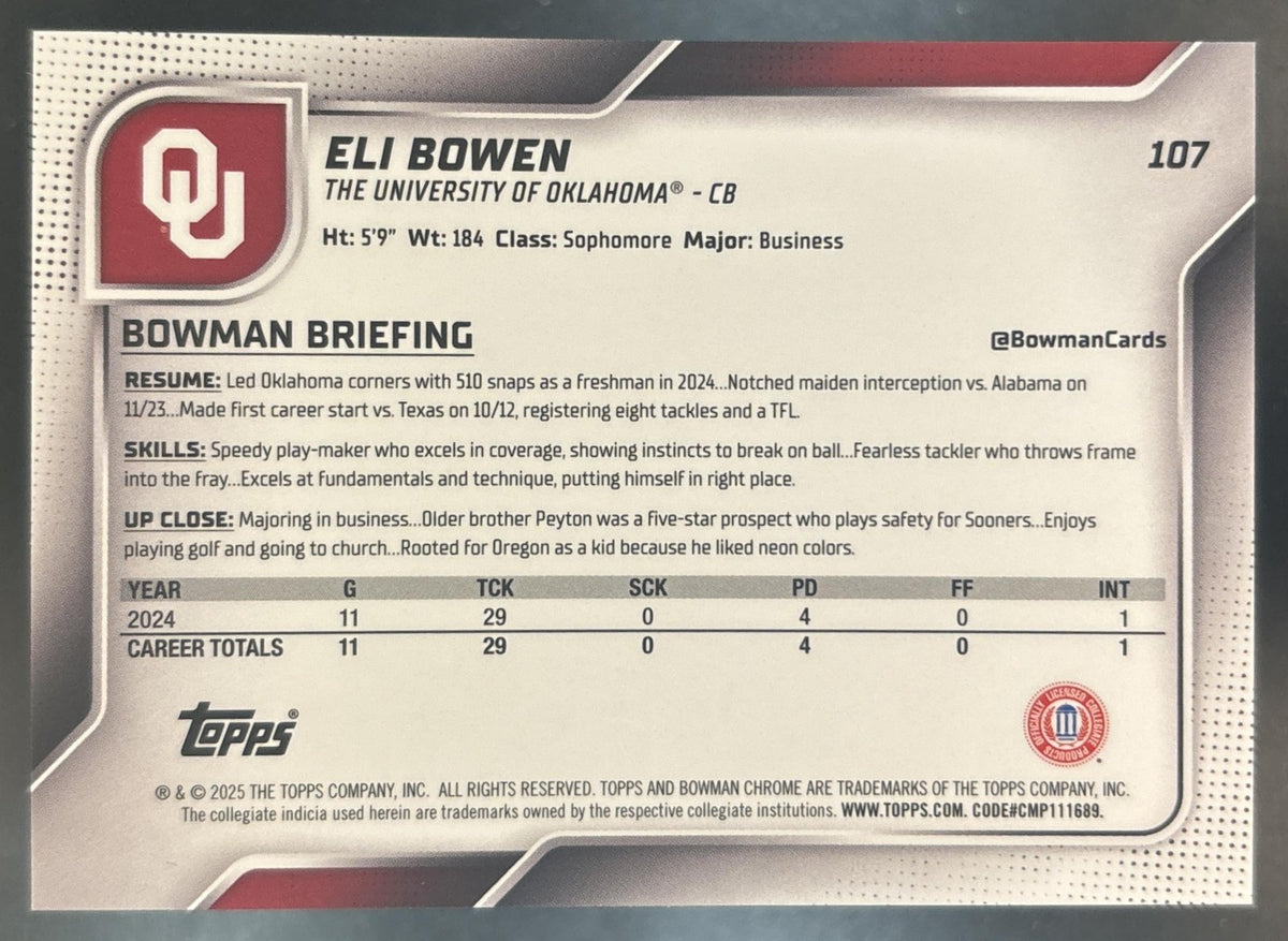 2025 Bowman Chrome University Eli Bowen Gold /50 #107 1st Prospect Oklahoma