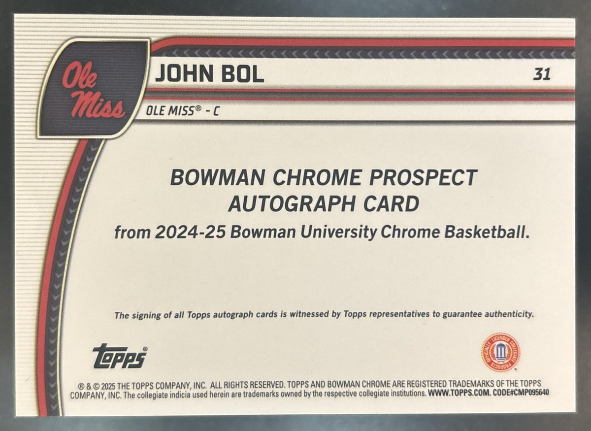 2024-25 Bowman Chrome University John Bol Prospect Auto Black Wave Refractor #31