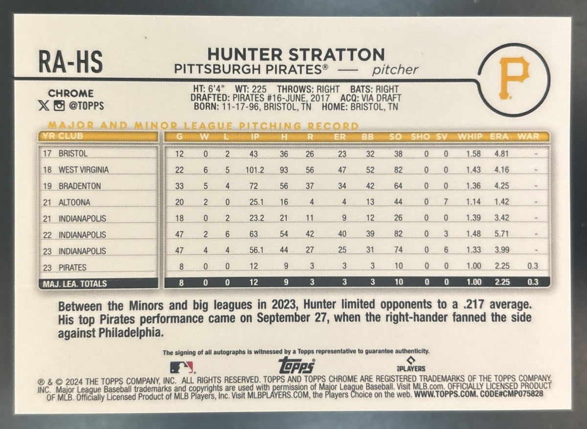 2024 Topps Chrome Hunter Stratton Auto Purple Speckle /299 RC Pittsburgh Pirates