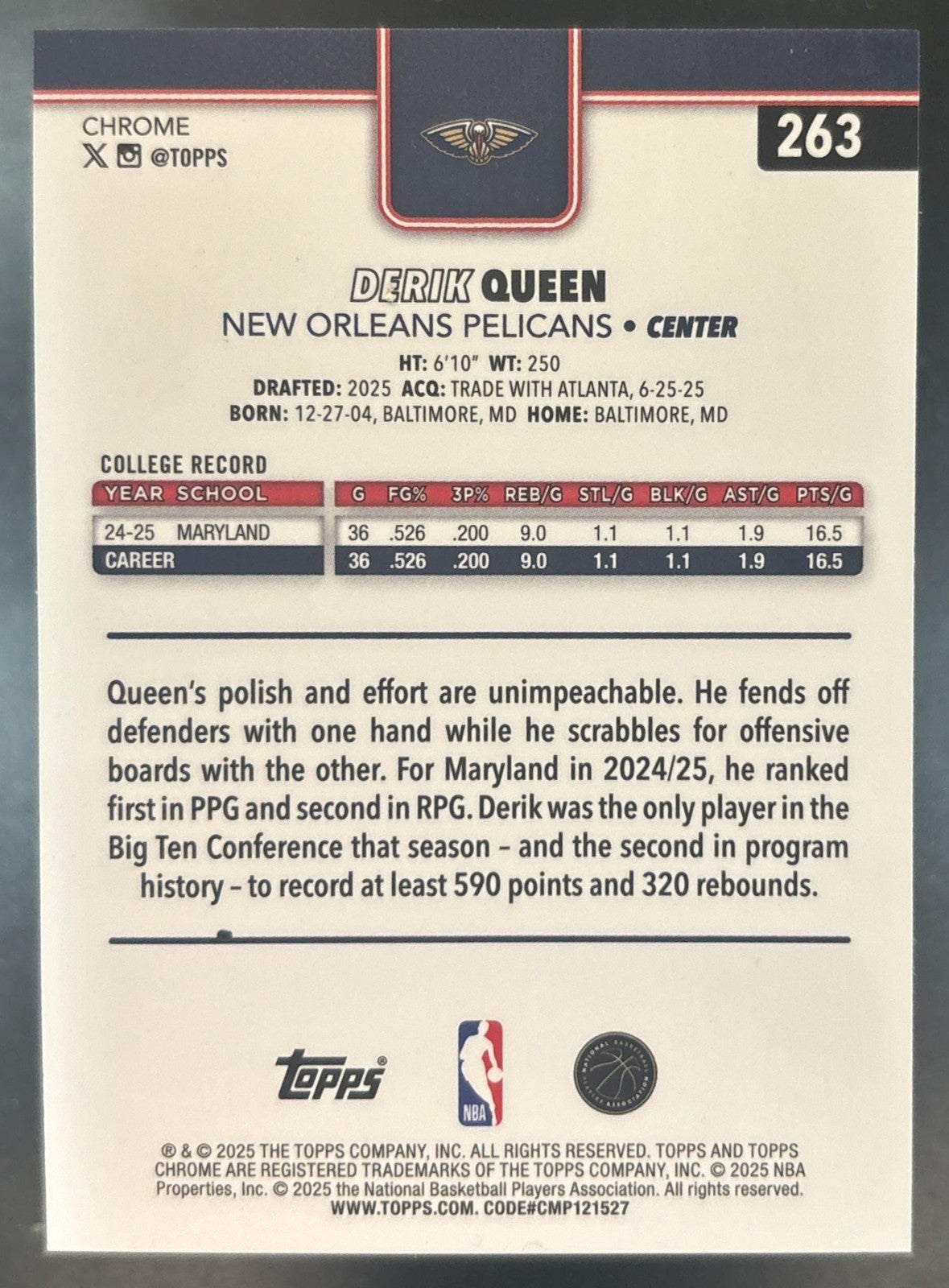 2025-26 Topps Chrome Sapphire Derik Queen Purple /75 #263 RC Pelicans