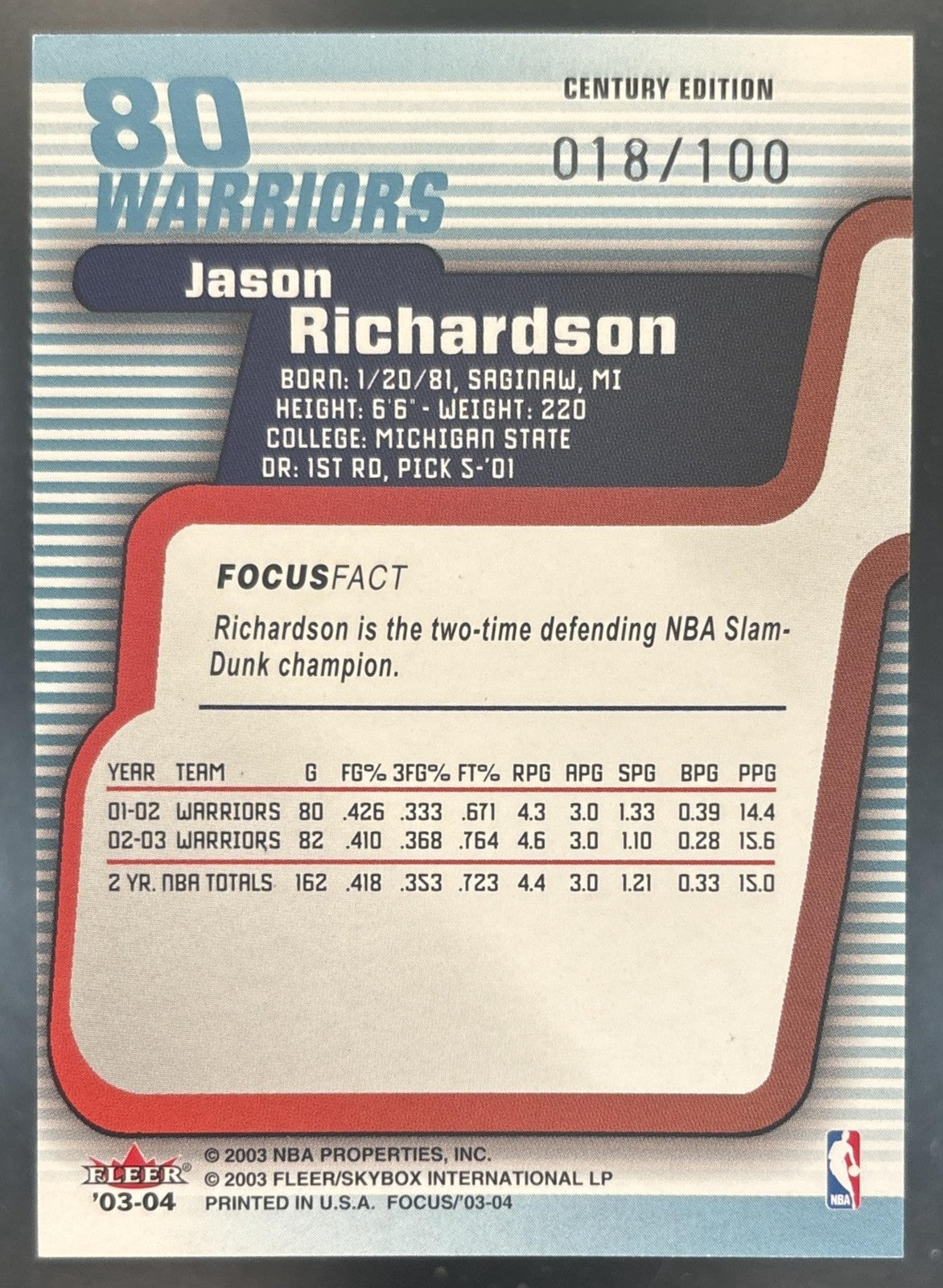 2003-04 Fleer Focus Jason Richardson Numbers Century /100 #80 Golden State