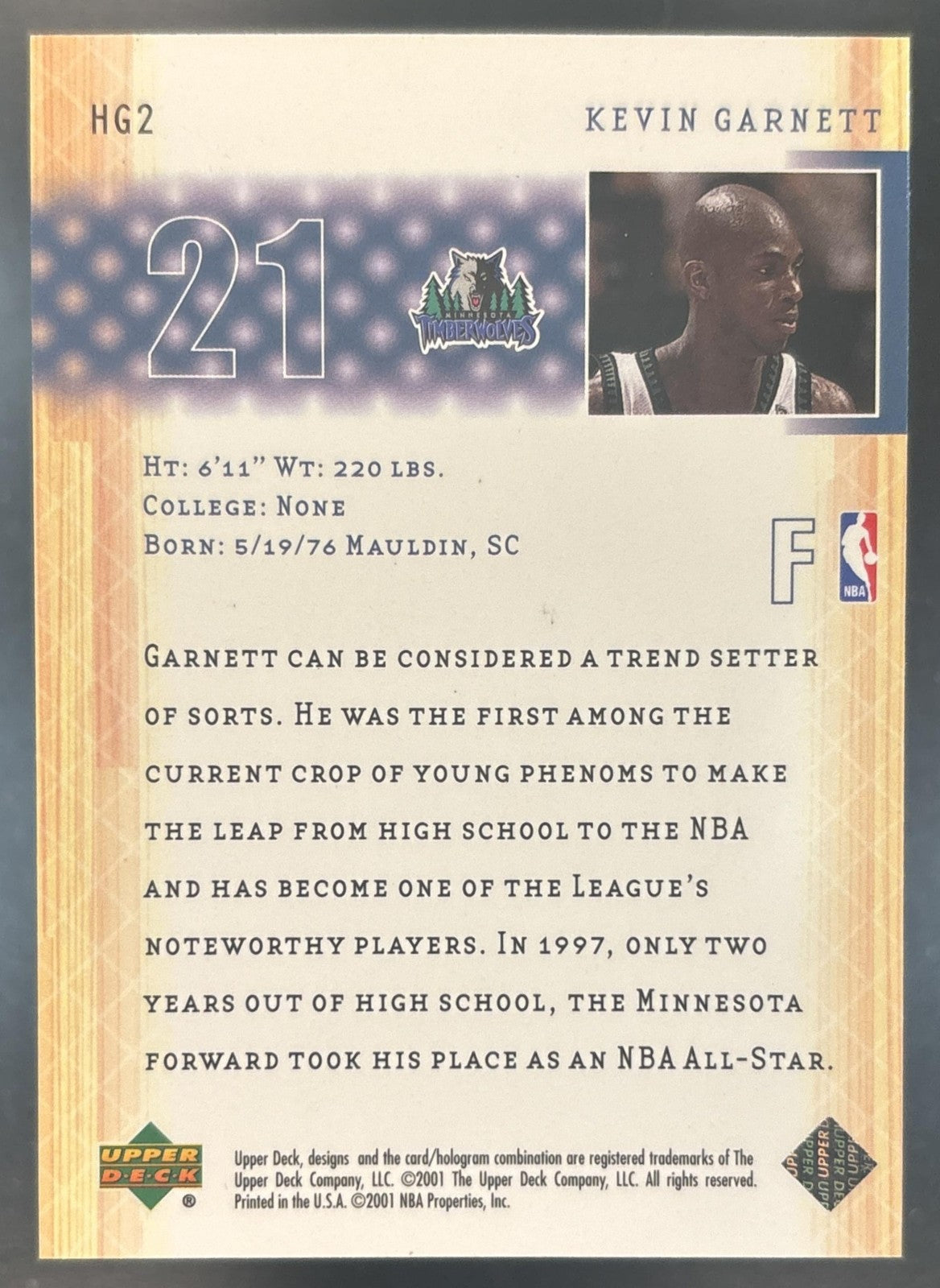 2001-02 Upper Deck Kevin Garnett Higher Ground #HG2 Minnesota Timberwolves