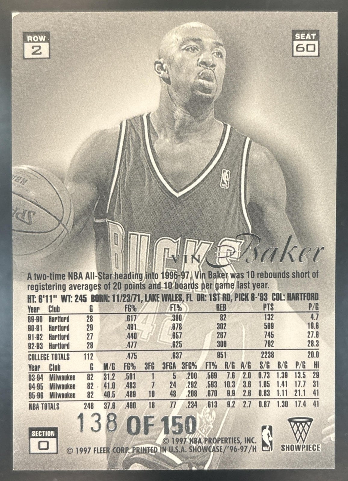 1996-97 Fleer Flair Showcase Vin Baker Row 2 Style #60 Milwaukee Bucks