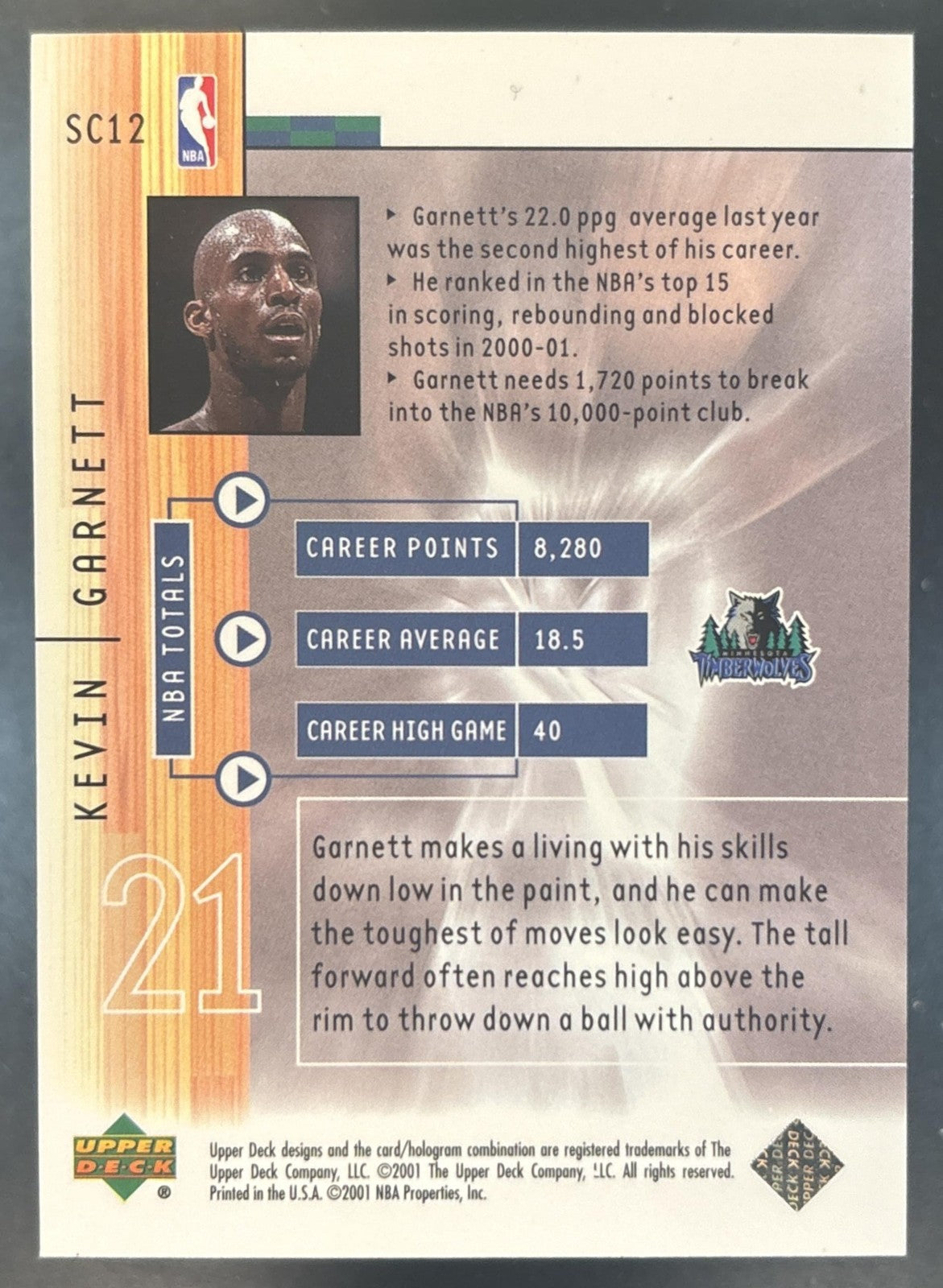 2001-02 Upper Deck Kevin Garnett Slam Center #SC12 Minnesota Timberwolves