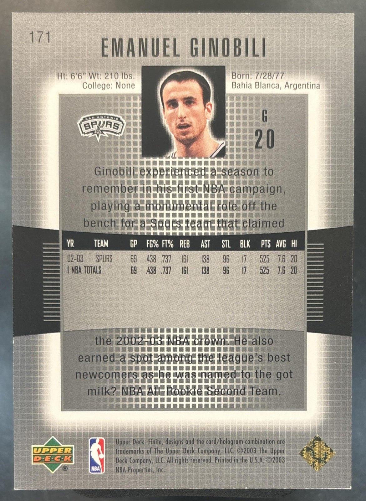 2003-04 Upper Deck Finite Manu Ginobili /299 #171 San Antonio Spurs