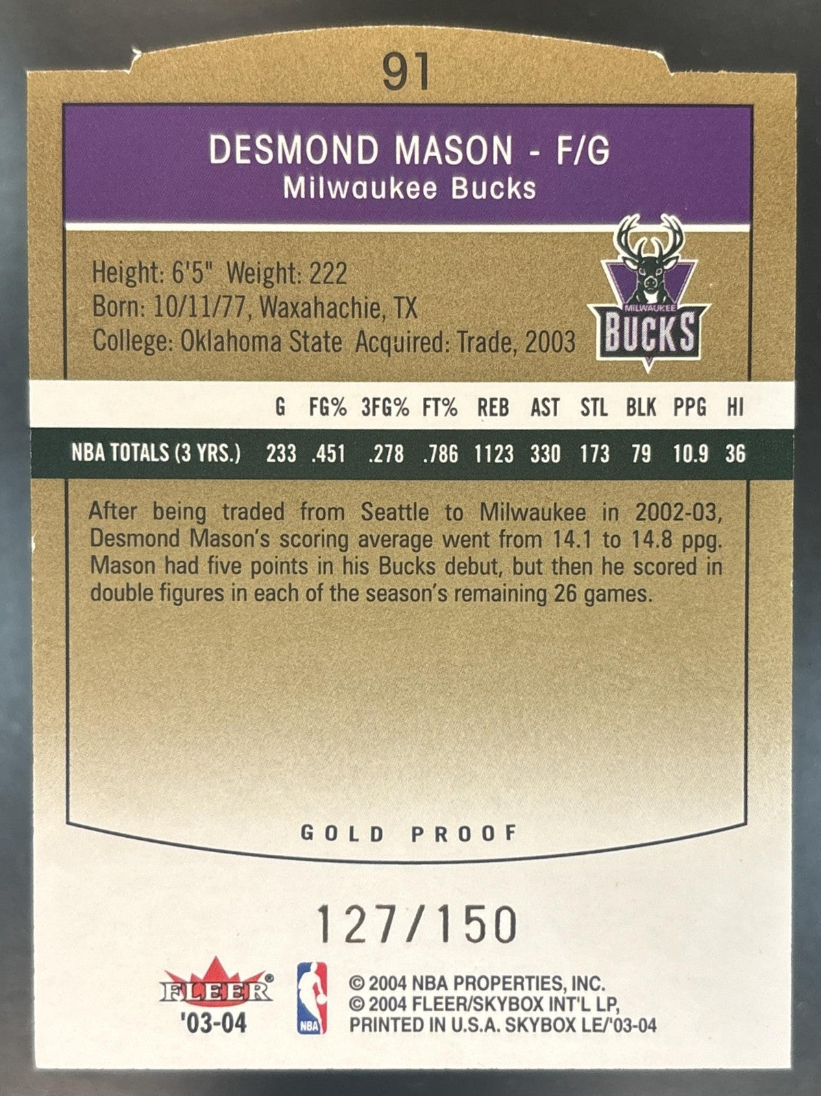2003-04 Skybox LE Desmond Mason Gold Proofs /150 #91 Milwaukee Bucks