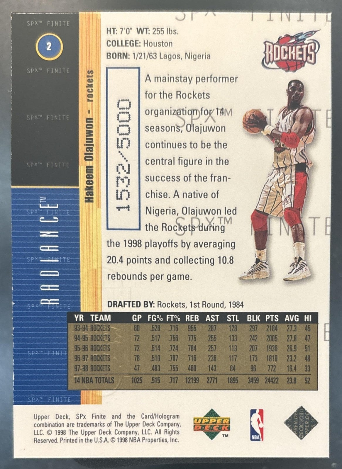 1998-99 SPx Finite Hakeem Olajuwon /5000 #2 Houston Rockets