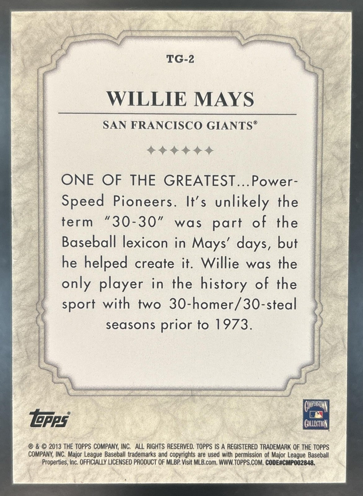 2013 Topps Willie Mays The Greats #TG-2 San Francisco Giants