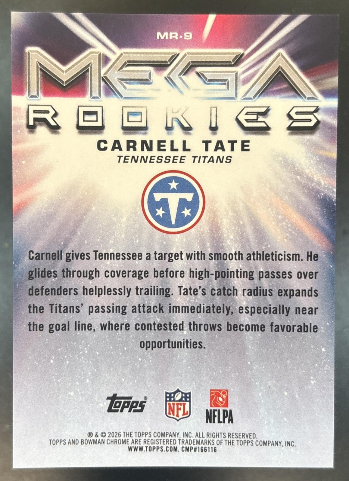 2026 Bowman Carnell Tate Chrome Mega Rookies Purple Mojo /75 RC Tennessee Titans