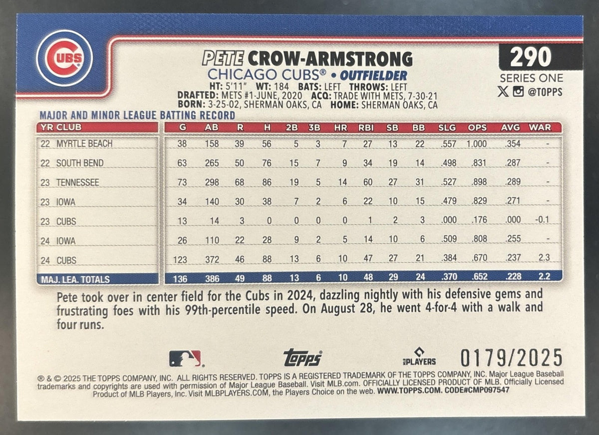 2025 Topps Pete Crow-Armstrong Gold /2025 #290 Future Stars Chicago Cubs