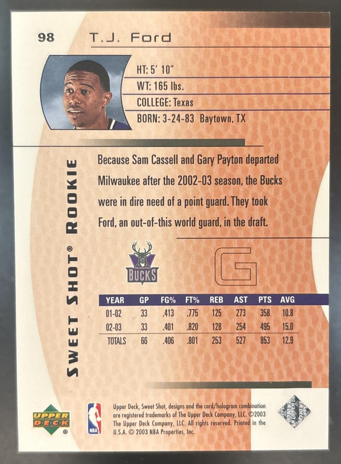 2003-04 Upper Deck Sweet Shot T.J. Ford /999 #98 RC Milwaukee Bucks
