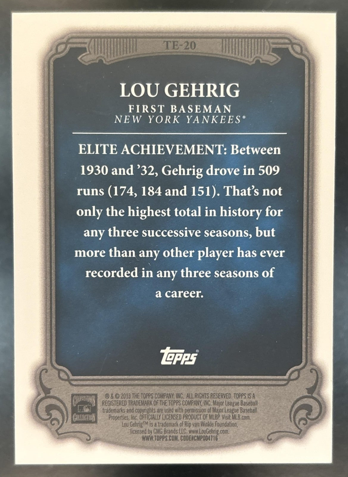 2013 Topps Lou Gehrig The Elite #TE-20 New York Yankees
