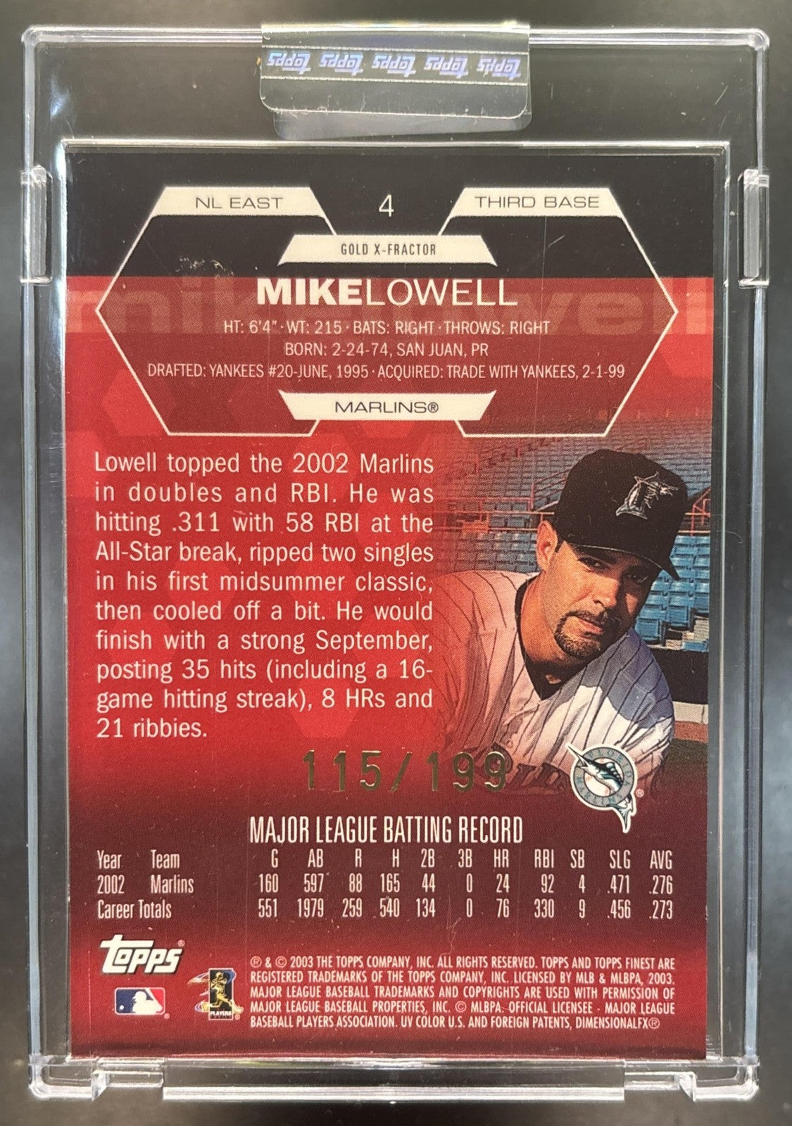 2003 Topps Finest Mike Lowell Uncirculated Gold X-Fractor /199 #4