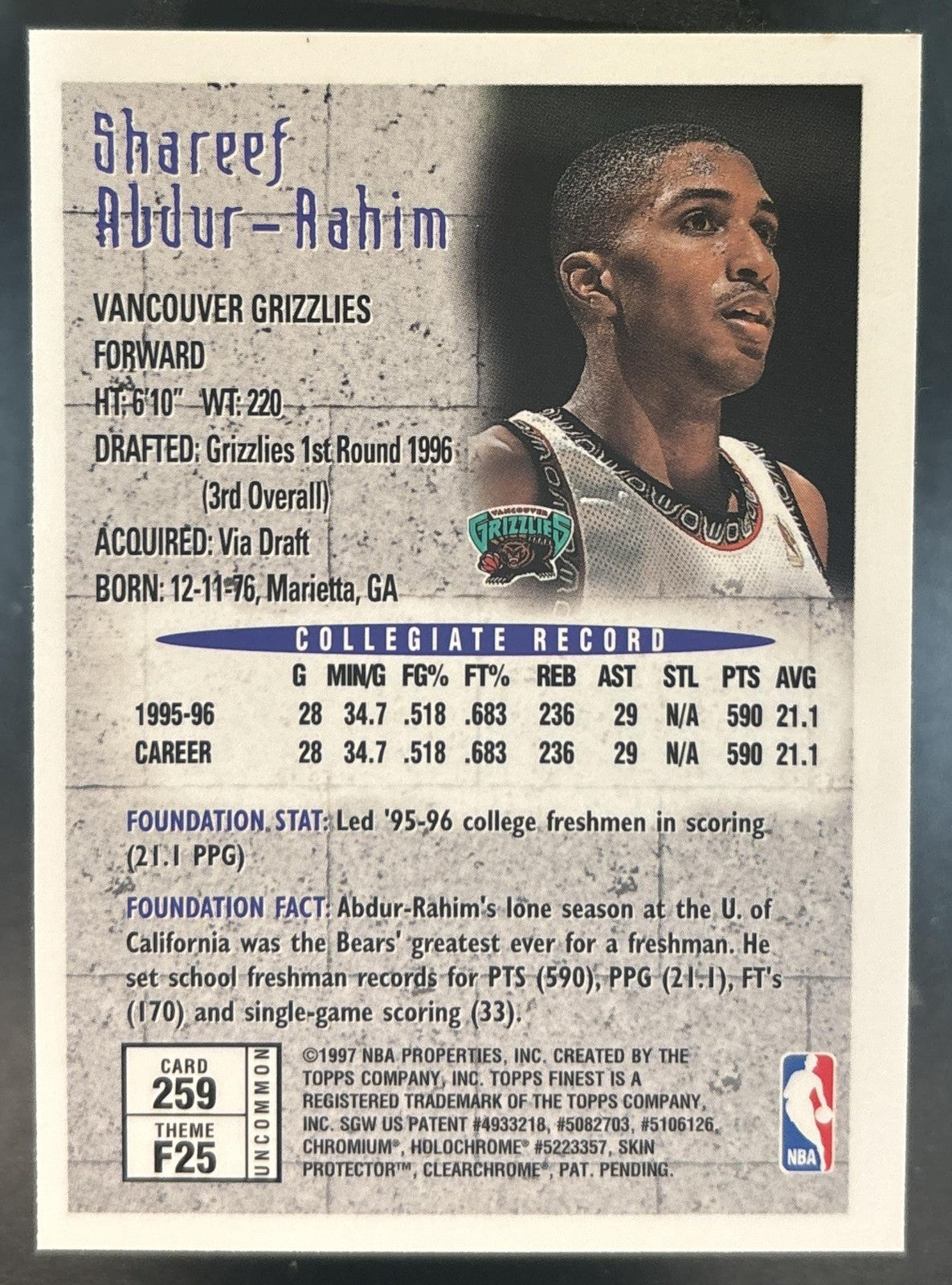 1996-97 Topps Finest Shareef Abdur-Rahim Silver #259 Vancouver Grizzlies