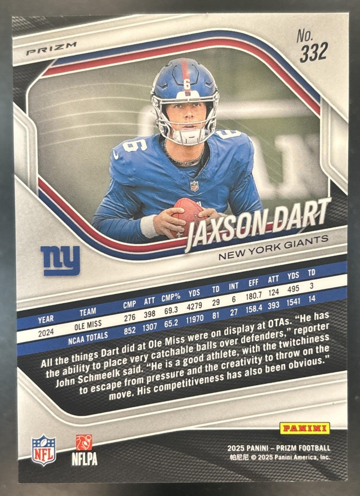 2025 Panini Prizm Jaxson Dart Red White & Blue #332 RC New York Giants