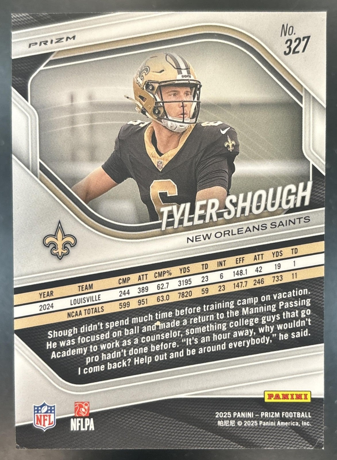 2025 Panini Prizm Tyler Shough Silver #327 RC New Orleans Saints