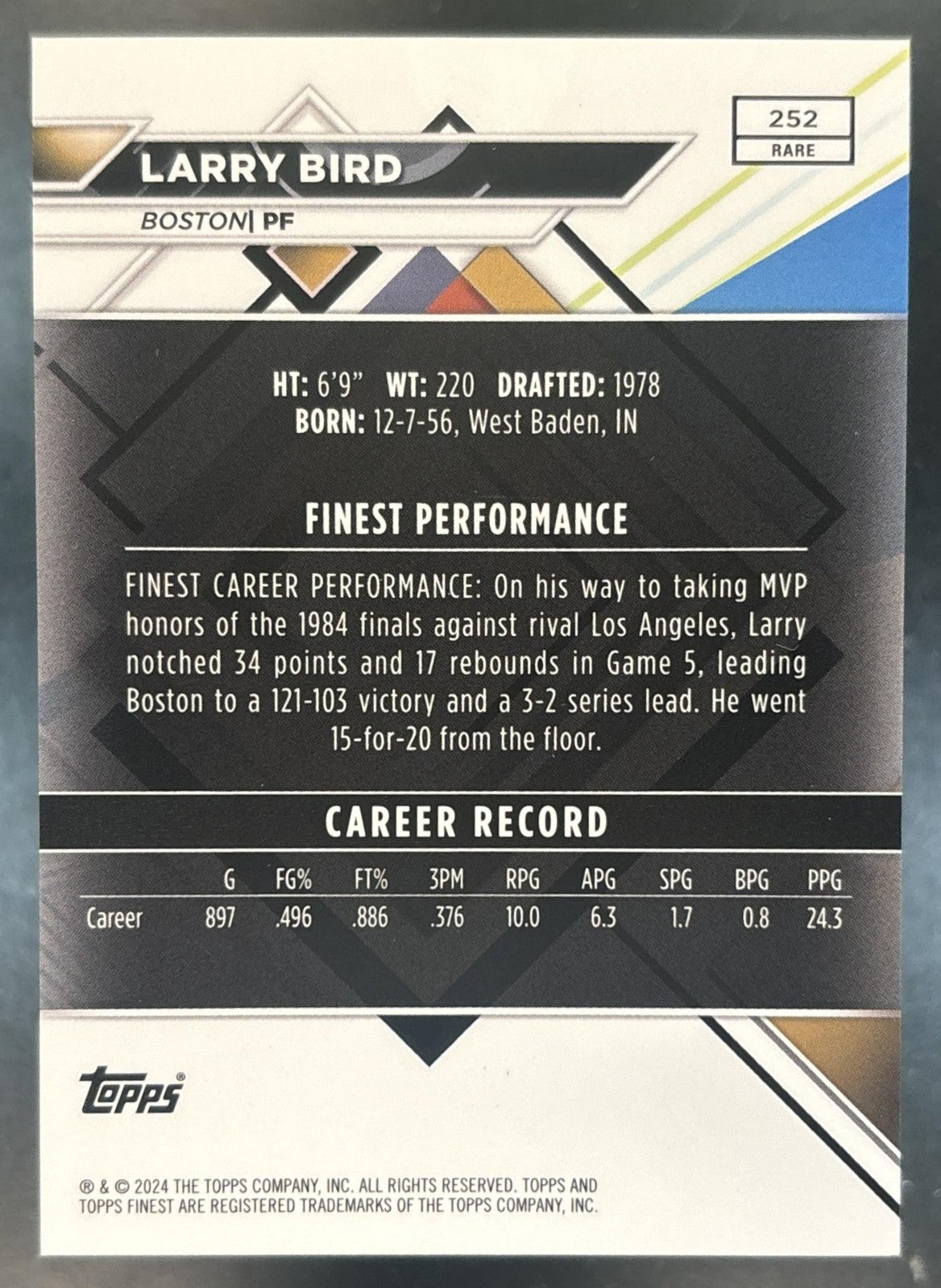 2023-24 Topps Finest Larry Bird Black Refractor /15 #252 Boston Celtics