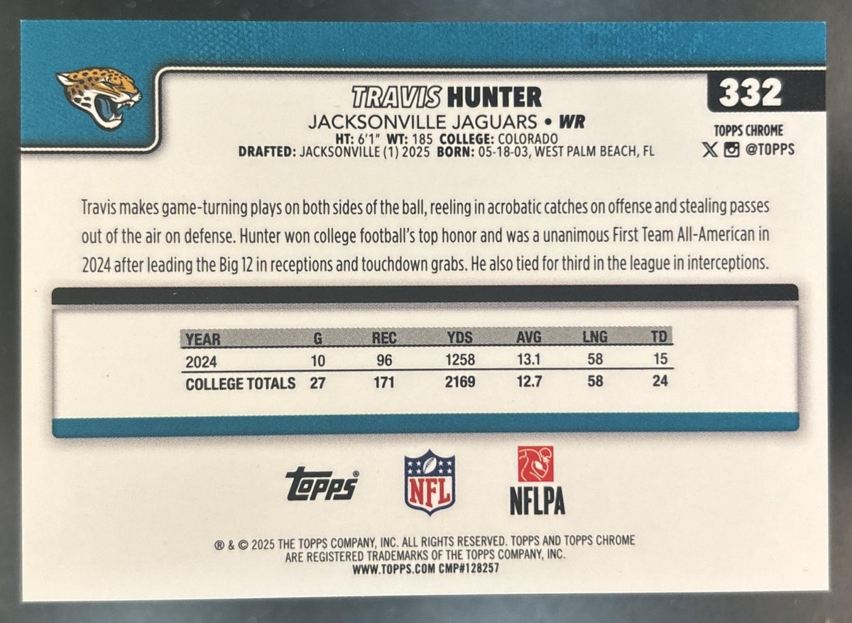 2025 Topps Chrome Sapphire Travis Hunter Black Refractor /10 #332 RC Jaguars