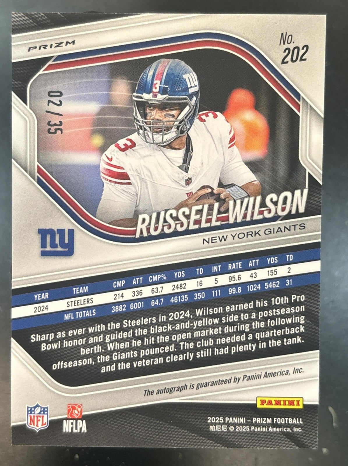 2025 Panini Prizm Russell Wilson Auto Red Shimmer /35 #202 New York Giants