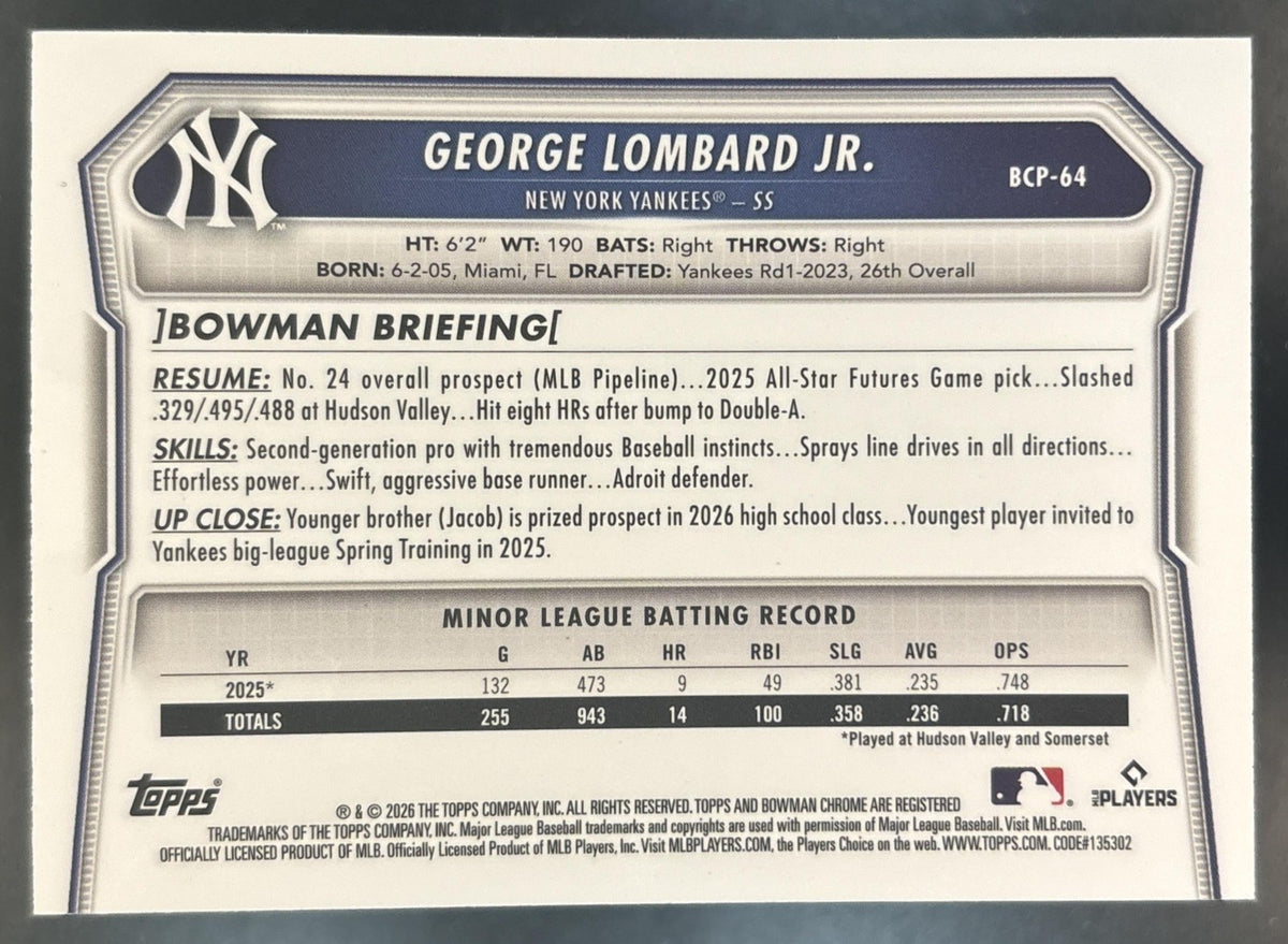 2026 Bowman George Lombard Jr. Chrome Prospects Blue /150 #BCP-64 Yankees