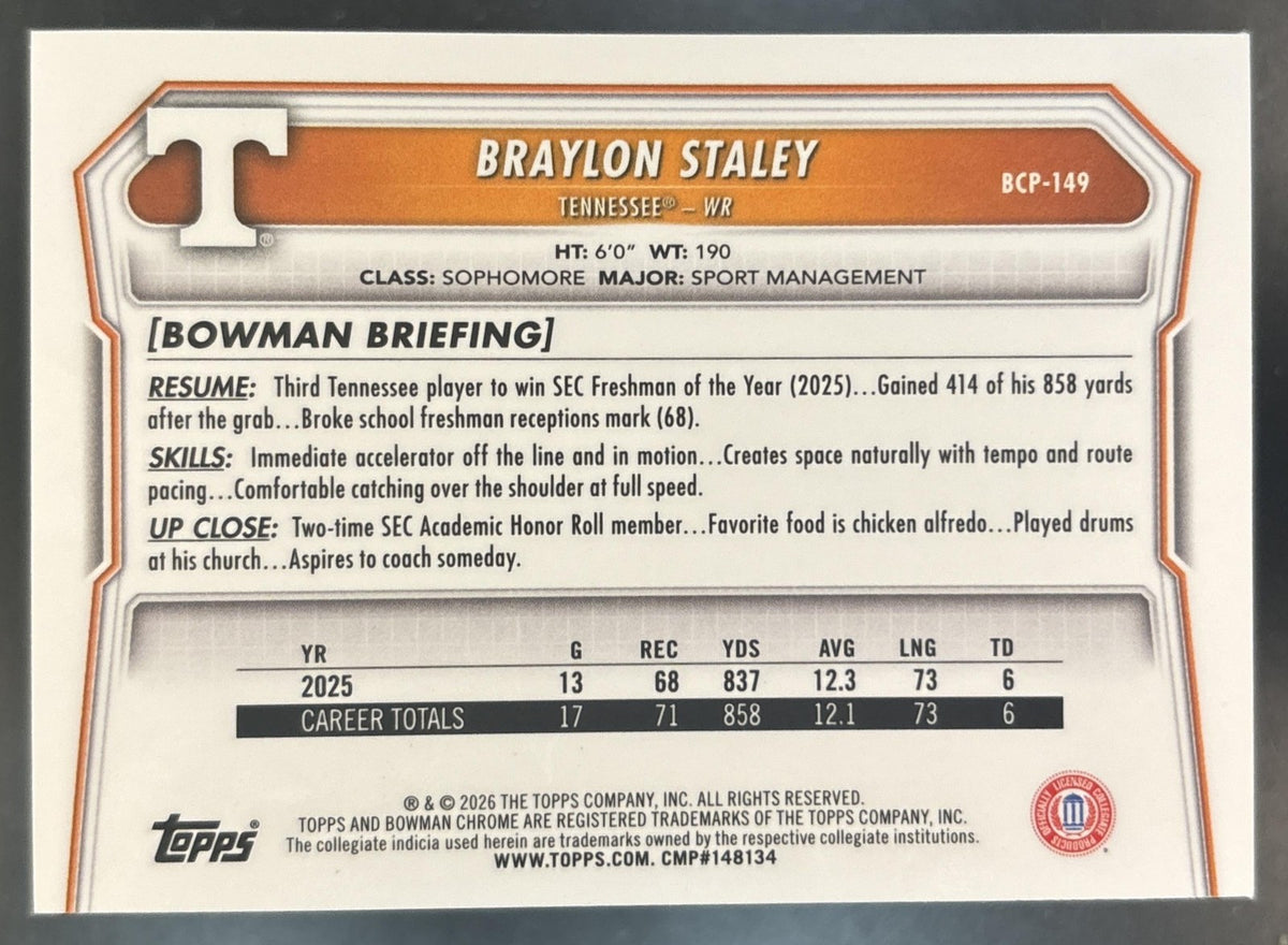 2026 Bowman Braylon Staley Chrome Blue /150 #BCP-149 1st Prospect Volunteers