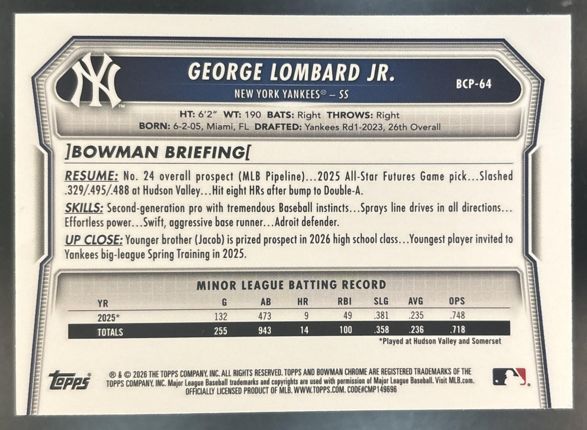 2026 Bowman Mega Box George Lombard Jr. Chrome Prospects Blue Mojo /499 #BCP-64