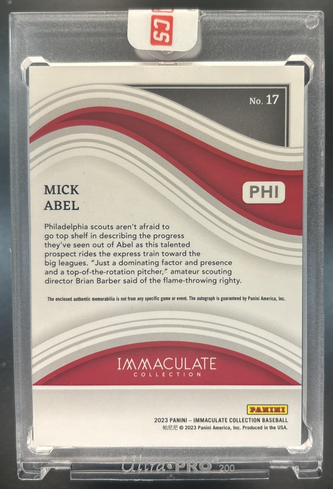 2023 Panini Immaculate Collection Mick Abel Patch Auto /3 #17 MEM Phillies