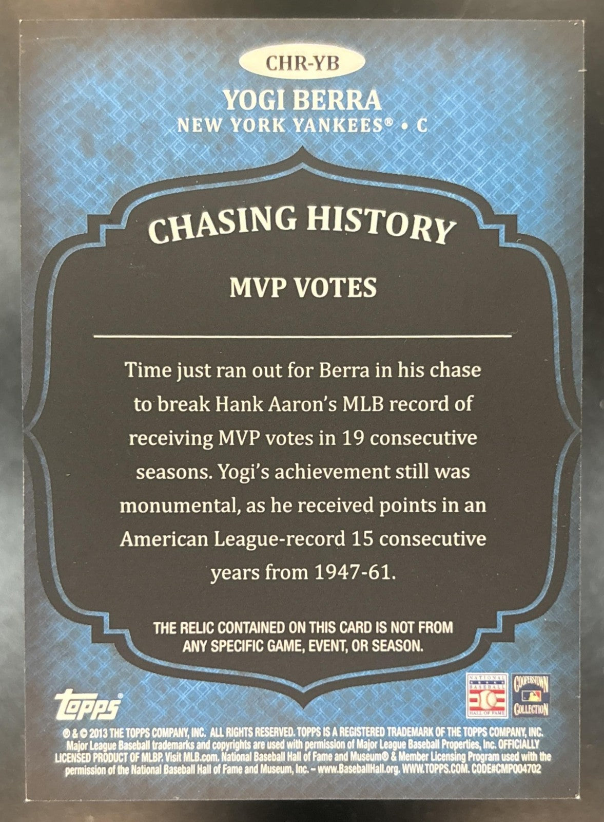 2013 Topps Yogi Berra Chasing History Relics #CHR-YB MEM New York Yankees