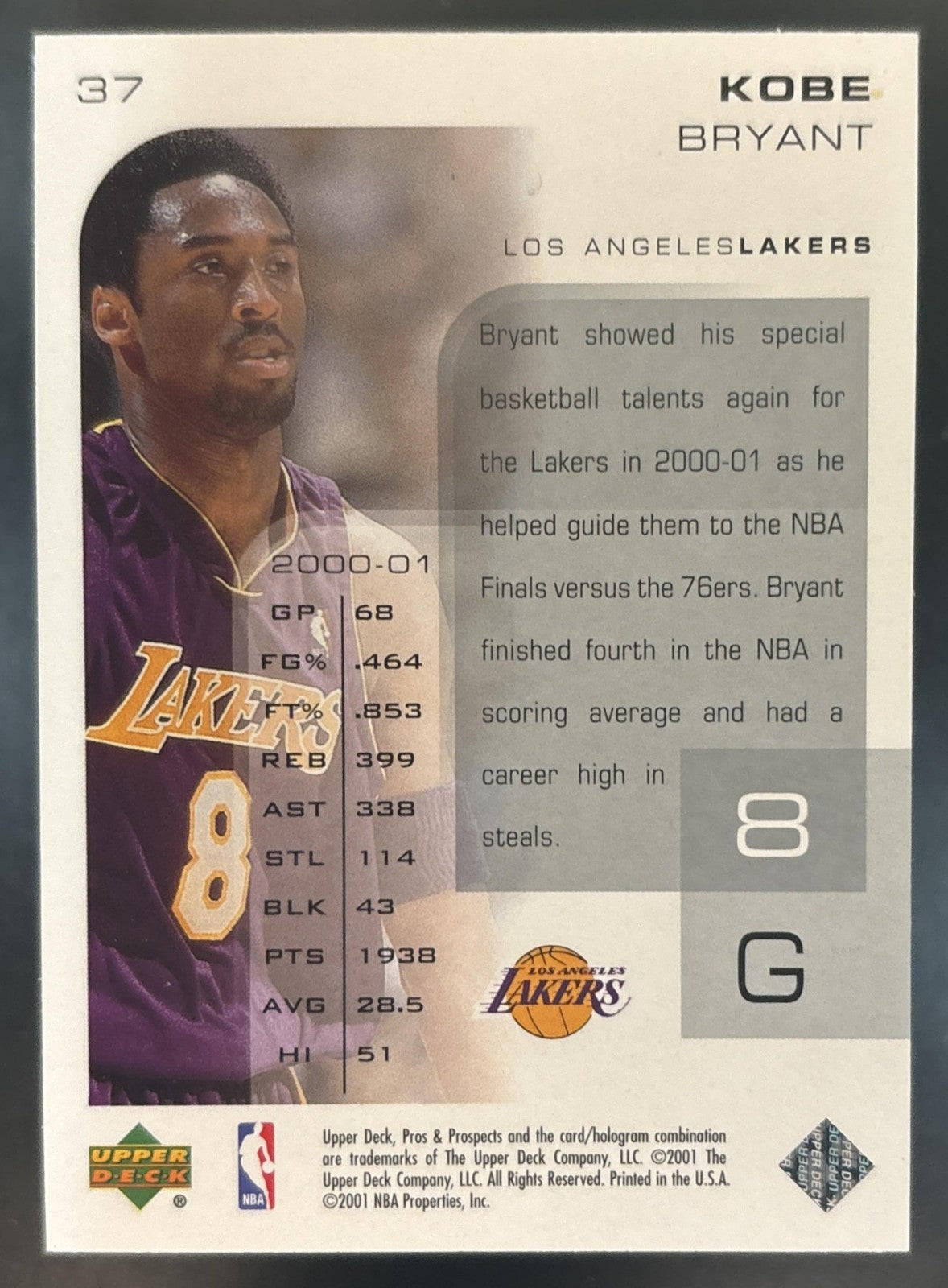 2001-02 Upper Deck Pros & Prospects Kobe Bryant #37 Los Angeles Lakers