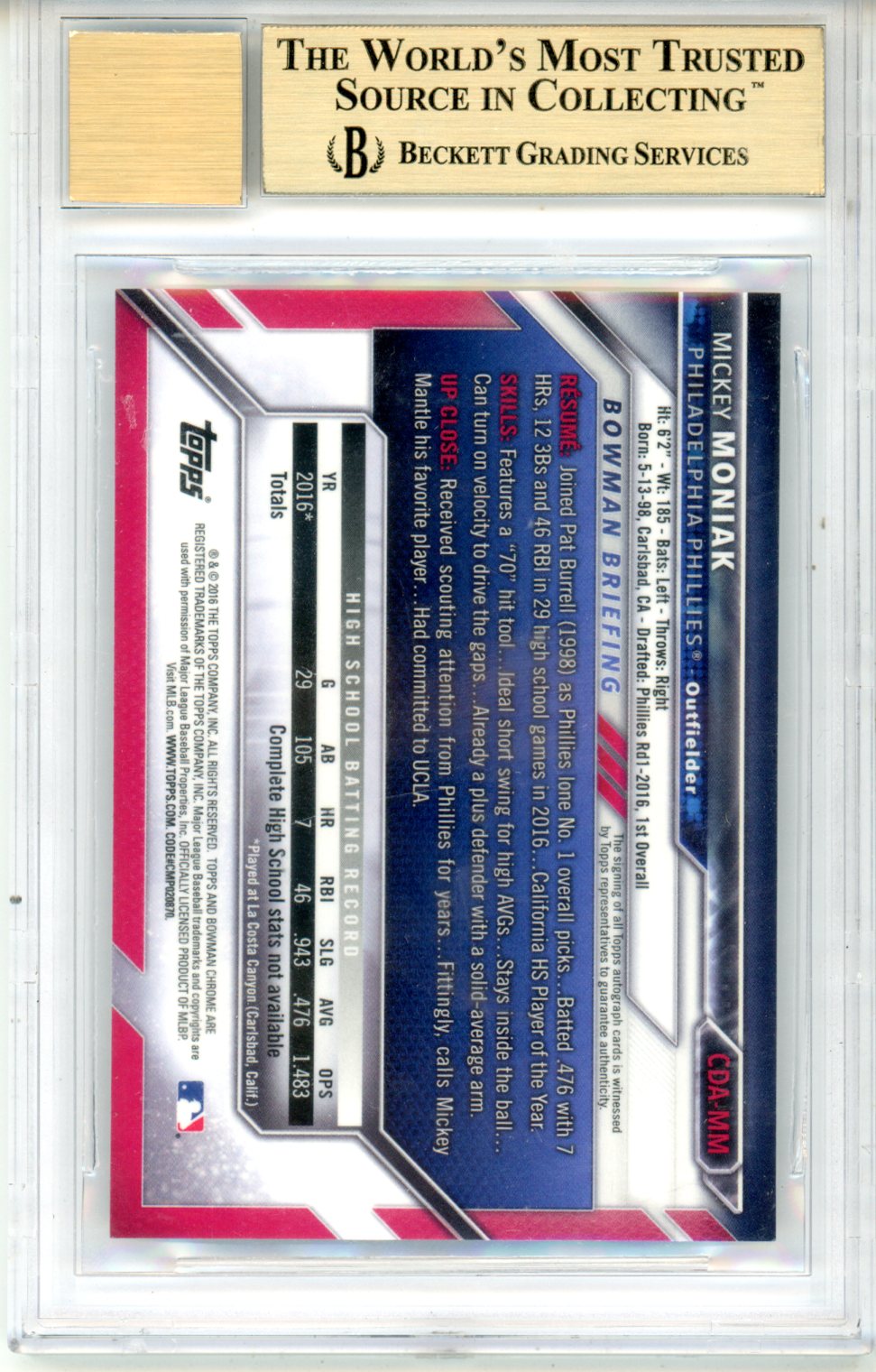2016 Bowman Chrome Draft Mickey Moniak 1st Auto BGS 9.5