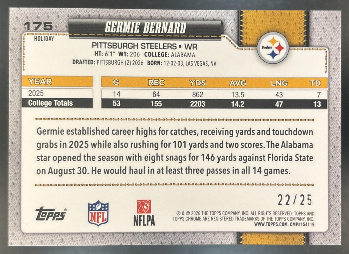 2026 Topps Holiday Germie Bernard Chrome Orange Sparkle /25 #175 RC Steelers
