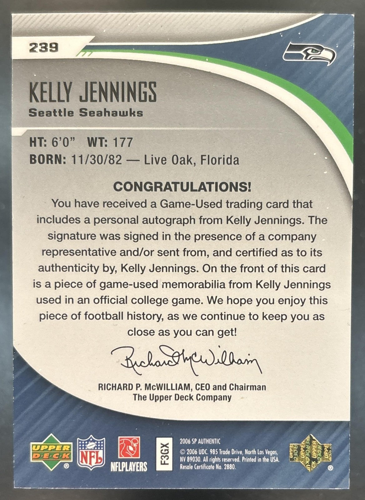 2006 SP Authentic Kelly Jennings 199/199 #239 MEM Auto RC Seattle Seahawks